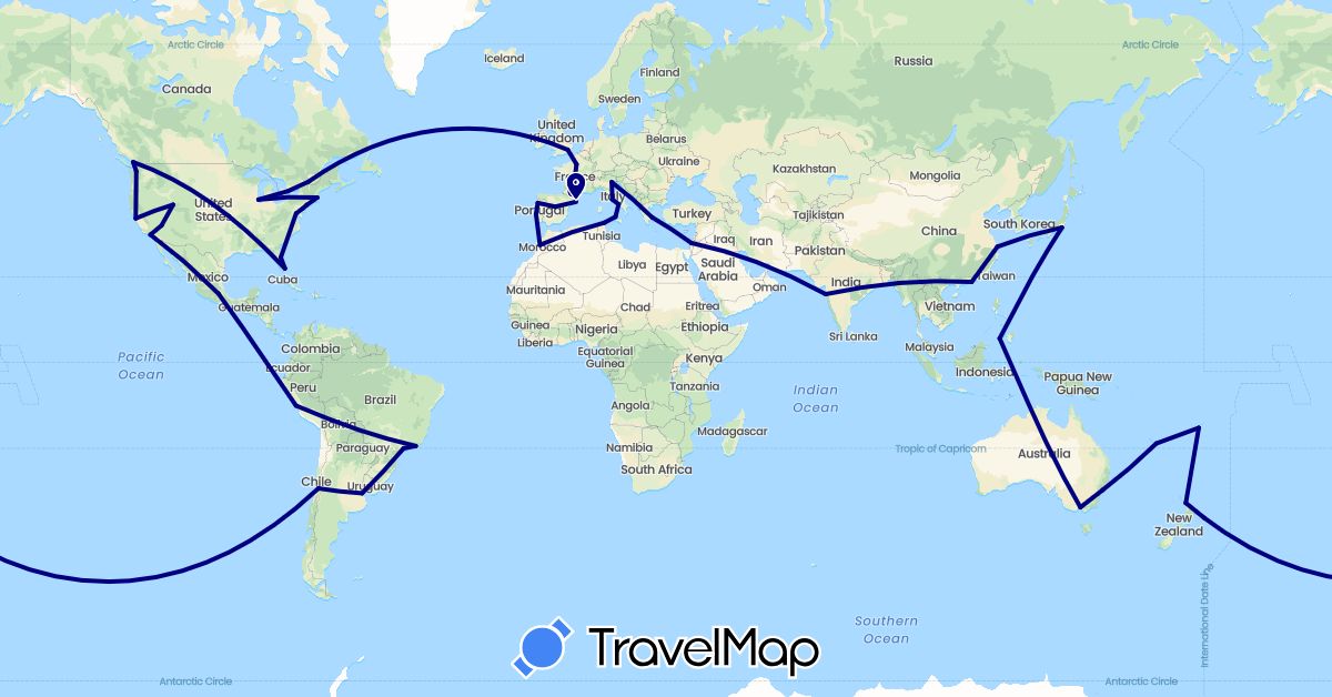 TravelMap itinerary: driving in Argentina, Australia, Brazil, Canada, Chile, China, Spain, Fiji, France, United Kingdom, Greece, Hong Kong, Israel, India, Italy, Japan, Morocco, Mexico, New Caledonia, New Zealand, Peru, Philippines, Portugal, Tunisia, United States (Africa, Asia, Europe, North America, Oceania, South America)